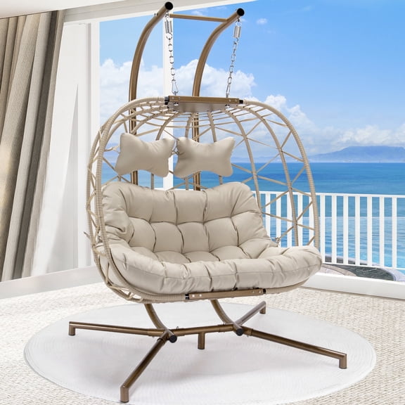 RADIATA Double Egg Swing Chair Outdoor with Stand, 2 Person Wicker Patio Hanging Loveseat, 670 lb Capacity, 5 in Thick Beige Cushions for Porch Backyard