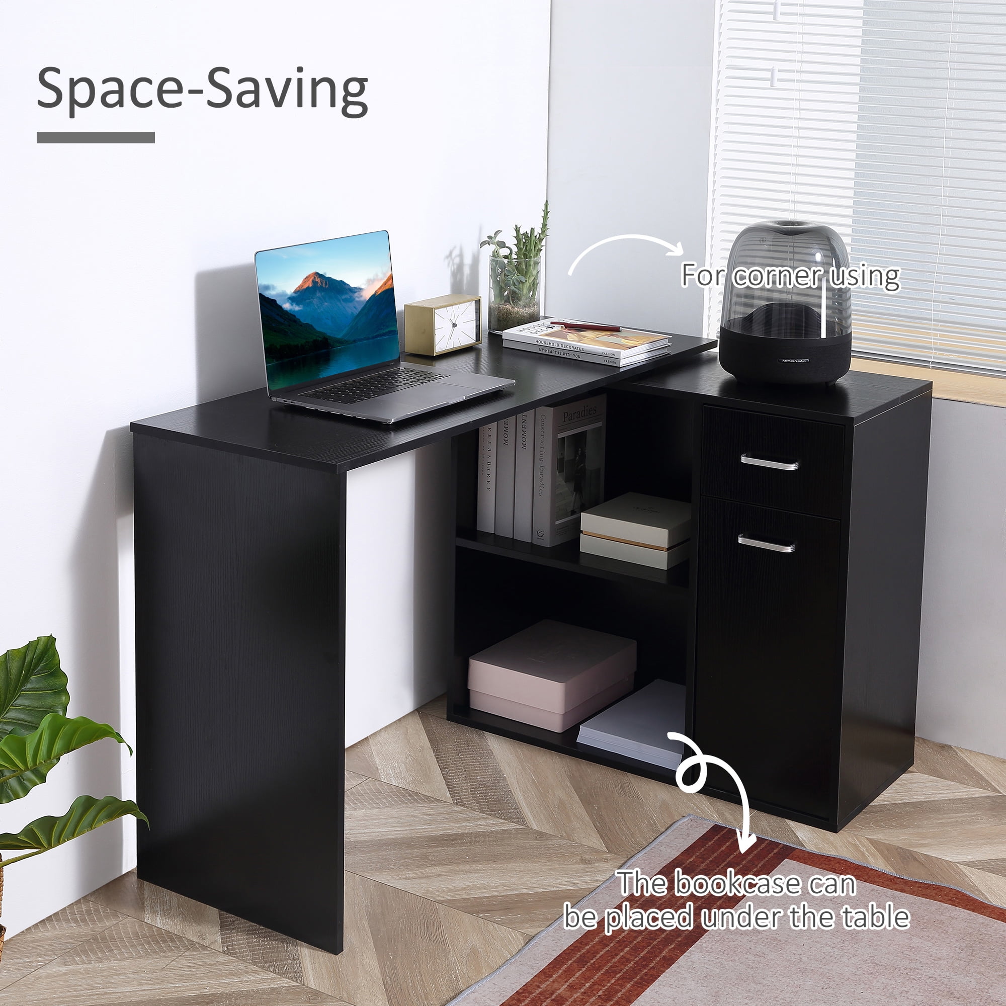 HomCom L Shaped Computer Desk Workstation with Storage Shelves and Cabinet for Home & Office Contemporary Style