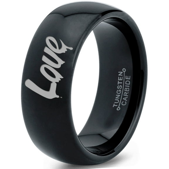 Tungsten Dripping Love Typography Writing Band Ring 8mm Men Women Comfort Fit Black Dome Polished
