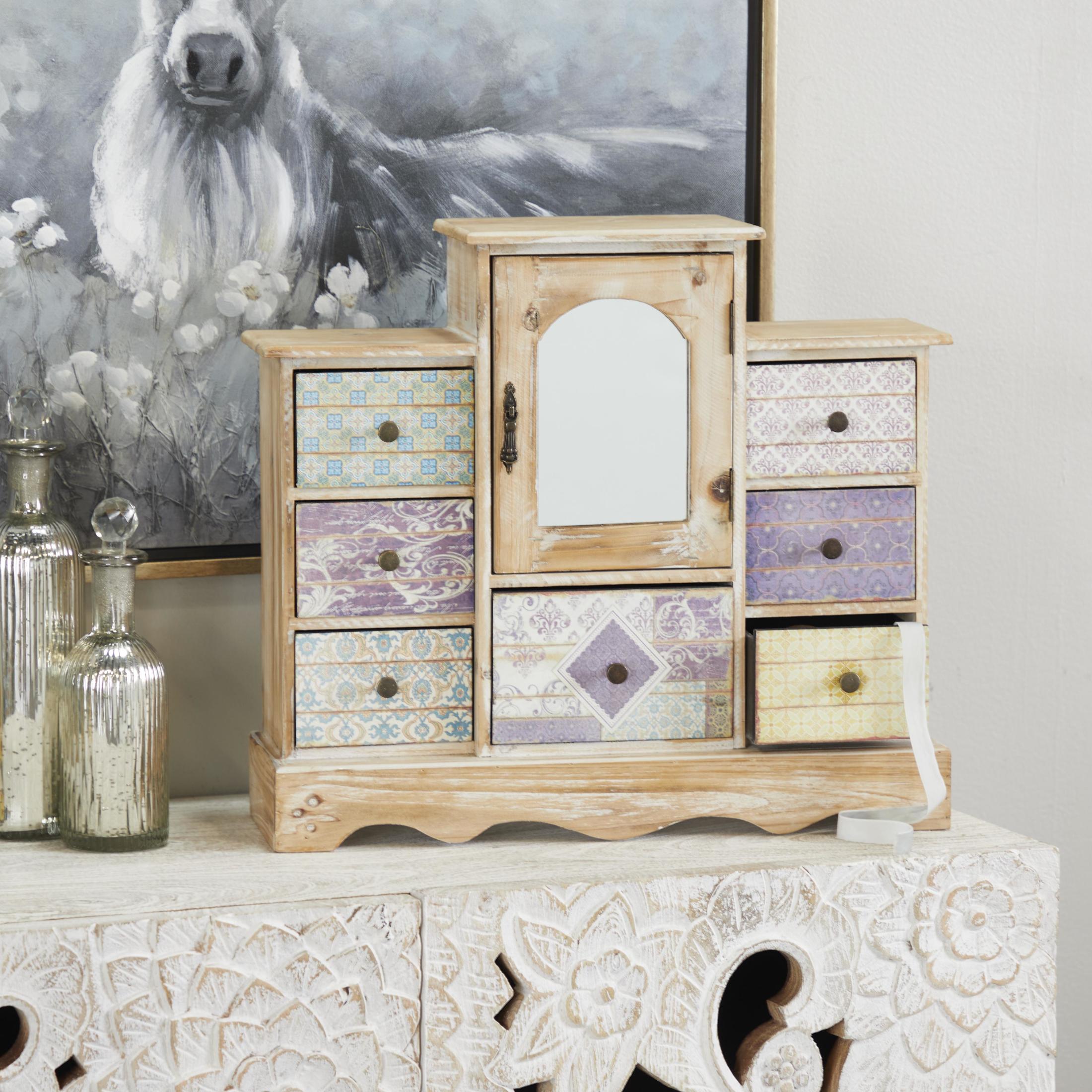 DecMode Scroll 7 Drawers Light Brown Wooden Decorative Jewelry Box with Patchwork Patterns