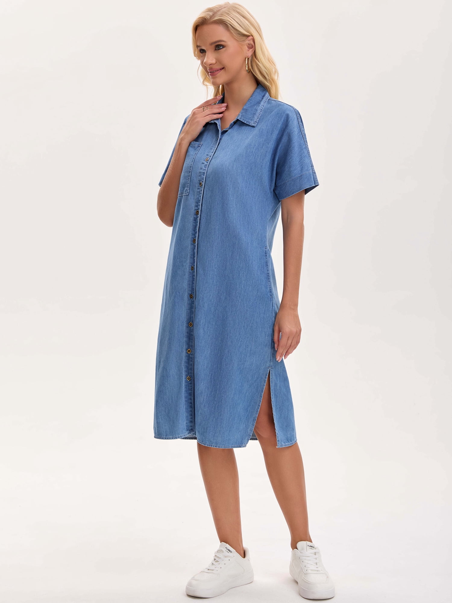 DARING DIVA Midi Denim Short Sleeve Button Down Tunic Jean Dress L Sky Blue