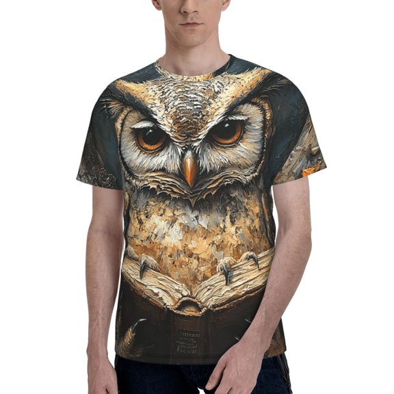 Men's 3D T-Shirt Casual Short Sleeve Funny Tee Tops, Owl With Book Art
