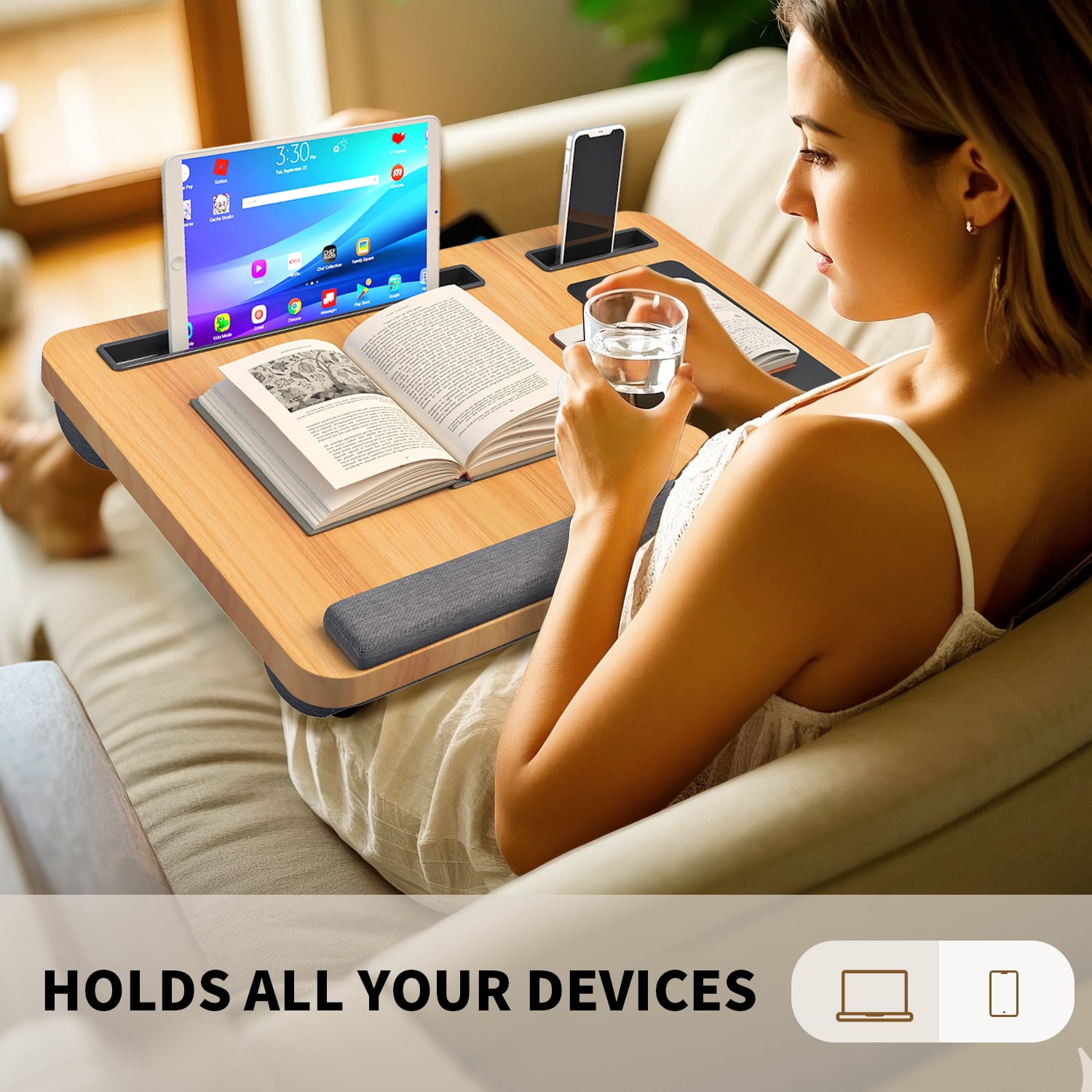 UNICOO Portable Lap Desk with Pillow Cushion, Fits 15.6" Laptop – Anti-Slip Strip, Storage Slot, Ergonomic Laptop Stand for Bed, Couch, or Home Office | Students, Home Office, or Travel (Maple)