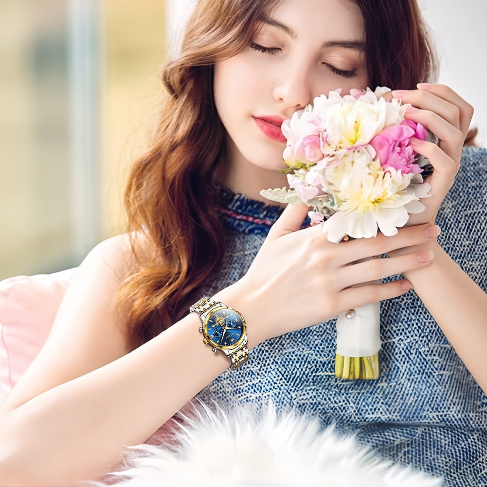 OLEVS Watches for Womens Business Luxury Casual Analog Quartz Diamond Stainless Steel Chronograph Waterproof Luminous ladies Watches Reloj Para Mujer Gold/White/Black/Blue