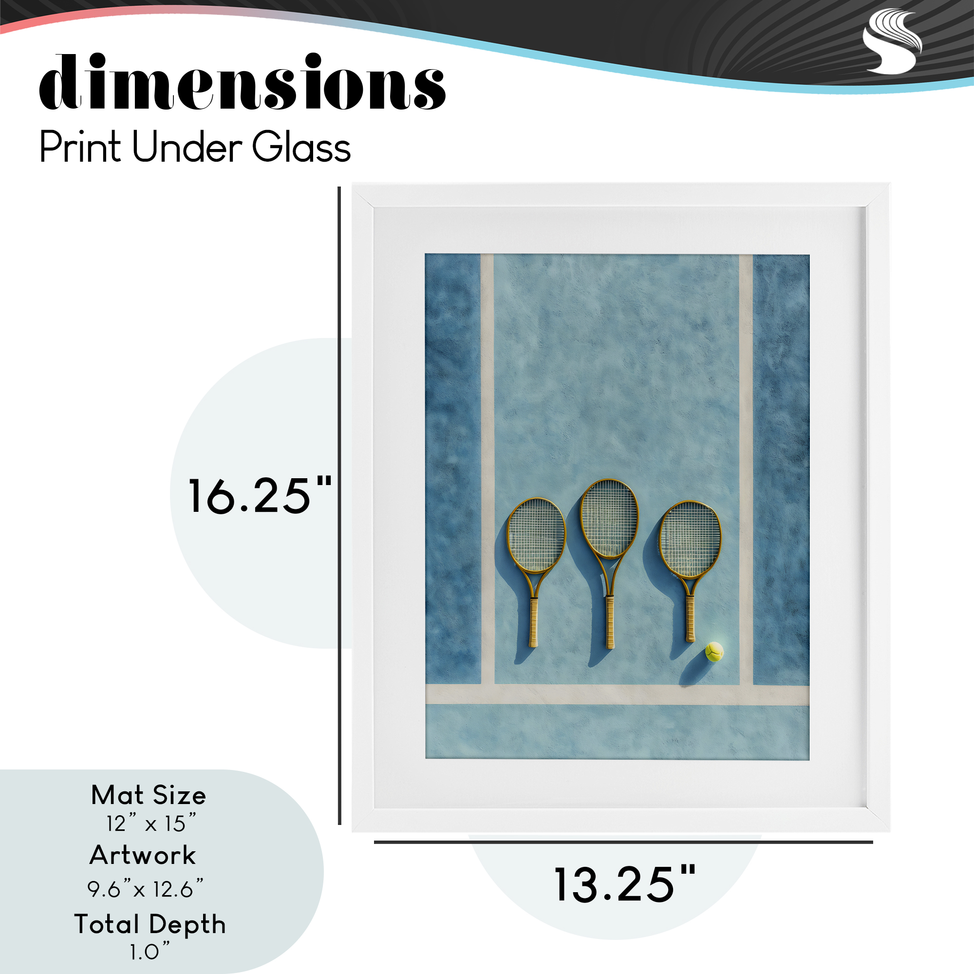 Tennis Racket Trio White Framed Print Under Glass, design by Franklyn Gregory