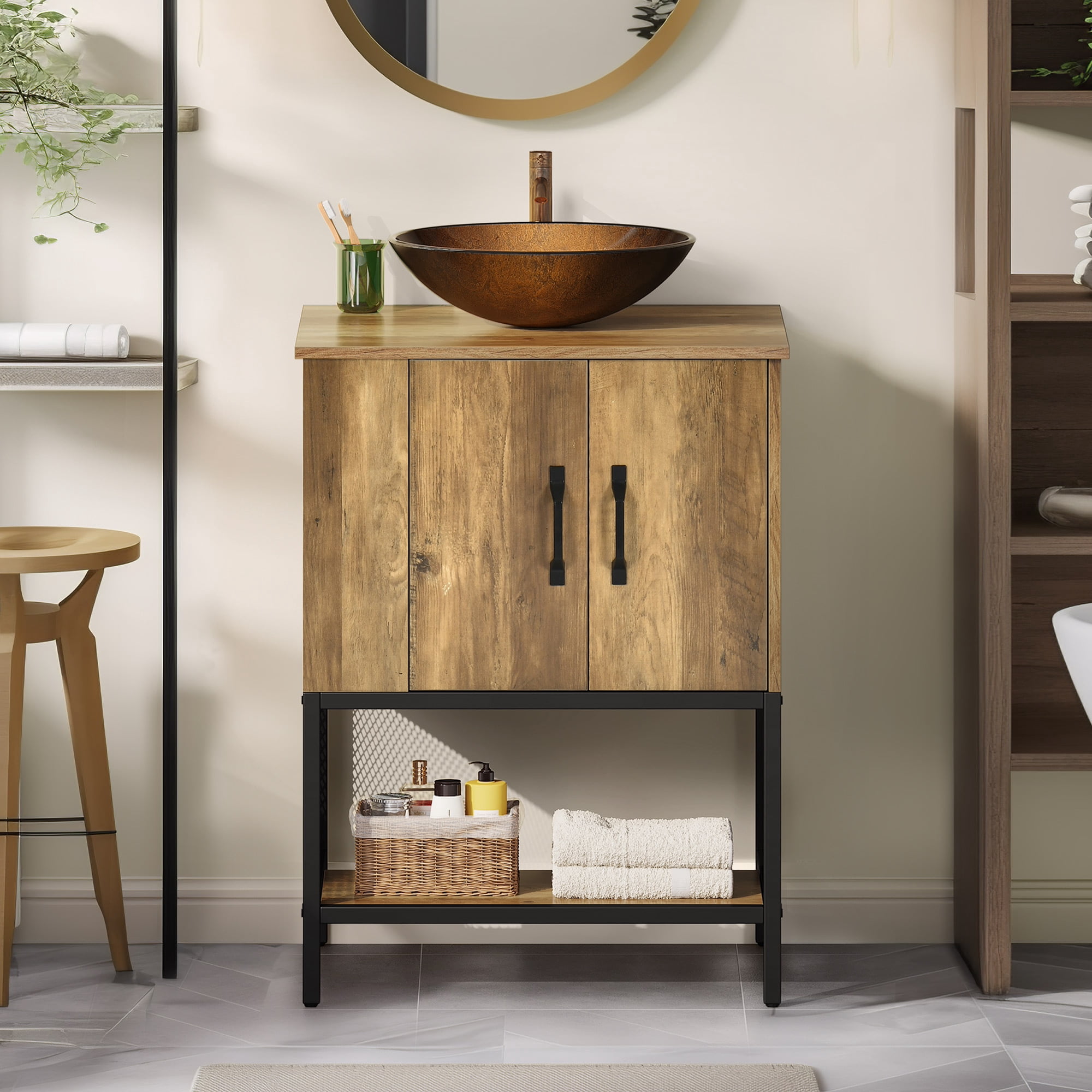 Uforic Bathroom Vanity with Countertop Sink, 24 Inch Rustic Free Standing Bathroom Storage Cabinet with Drain, Rustic OAK