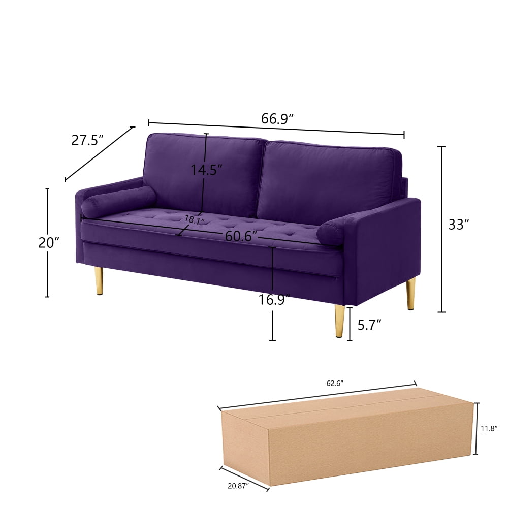 LUCKHAO   67" Modern Velvet Loveseat Sofa Couch, Mid-Century Tufted Upholstered Small Love Seat Couch, Small Spaces LoveSeat Sofa with 2 Pillows & 4 Golden Legs
