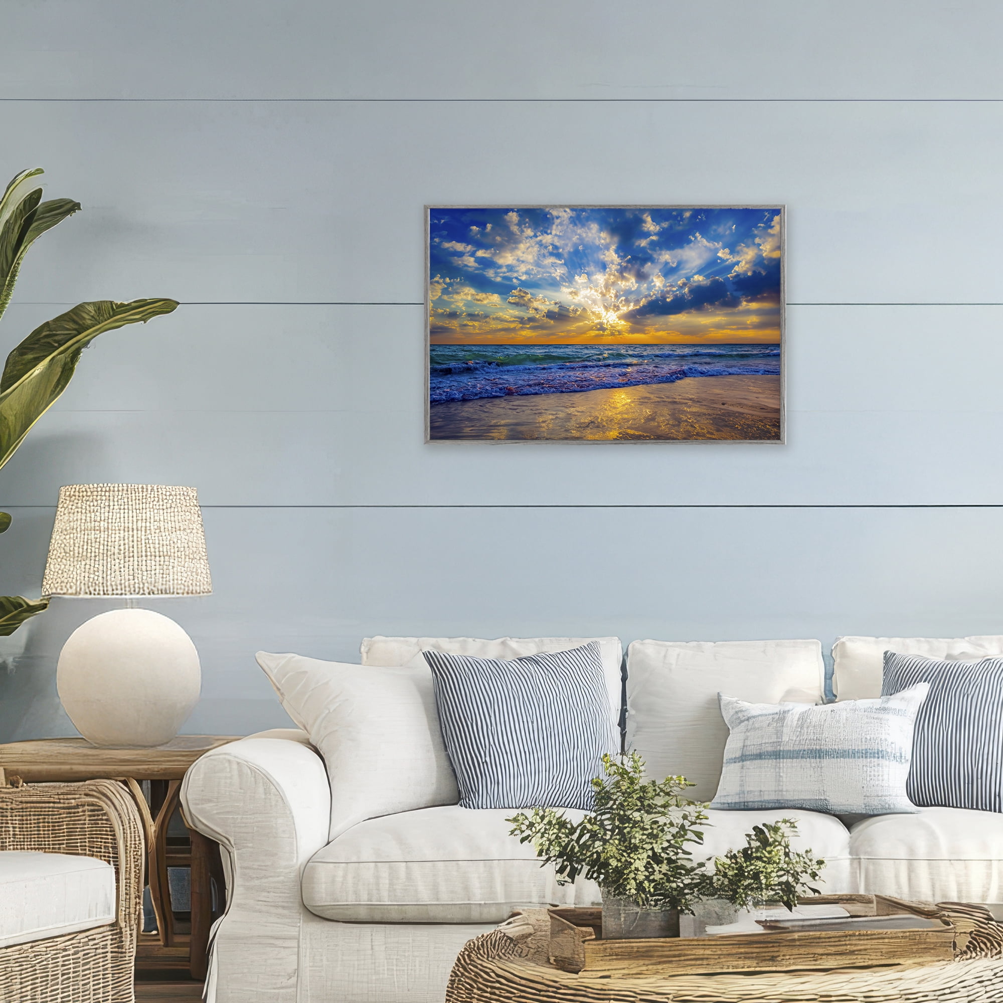 Stupell Industries Golden Blue Sun Ray On Beach Gray Framed Giclee Art, design by Eszra Tanner
