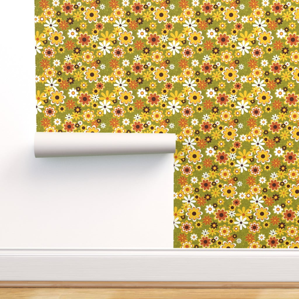 Removable Wallpaper Swatch - Retro Geo Flowers Flower Daisy Tangerine  Vintage Floral Modern Home Decor Custom Pre-pasted Wallpaper by Spoonflower  