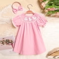 thumbnail image 3 of ZEHJUHAN Toddler Girls' Solid Color Dress Ruffle Short Sleeve Bunny Embroidery Dress with Headband Bow Pink，9-12M, 3 of 9