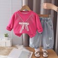 thumbnail image 2 of Toddler Girls Clothes Outfits 6 9 12 18 Months 2T 3T 4T 5T Toddler Girls Fall Winter Clothes Girls Lace Bow Pullover Denim Pants 2PCs Set Dailywear Hot Pink Size 6-12 Months, 2 of 9