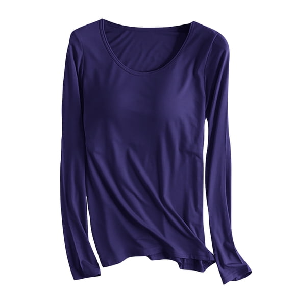 Wdfiry Women's Solid Modal Cotton Pullover Shirt Built in Bra Scoop Neck Long Sleeve Soft Breathable Underwear Top Stretchy Tee Shirt for Fall Winter