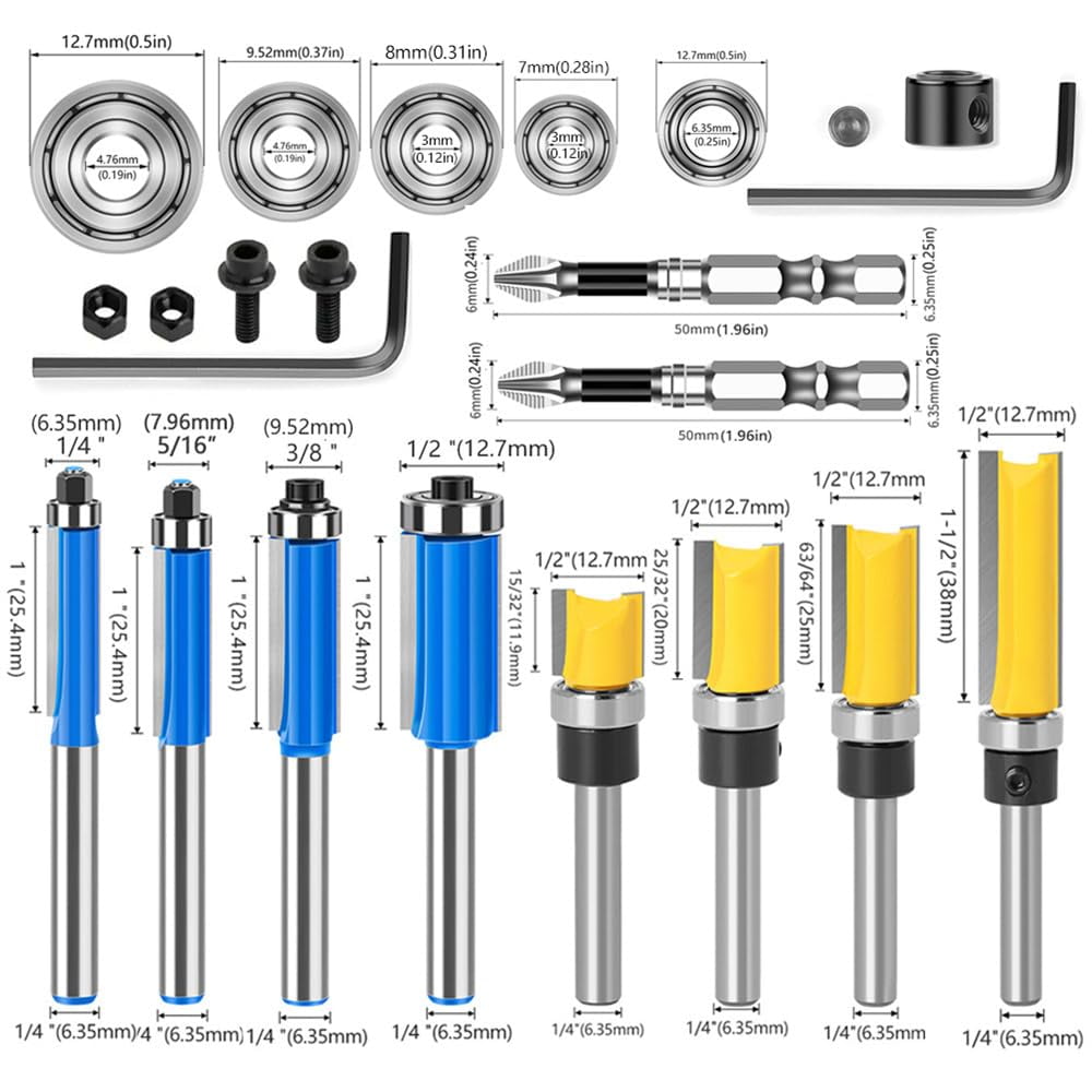 23pcs Tungsten Carbide Flush Trim Pattern Router Bit Set with Bearing Milling Cutter for Wood Woodworking End Mill