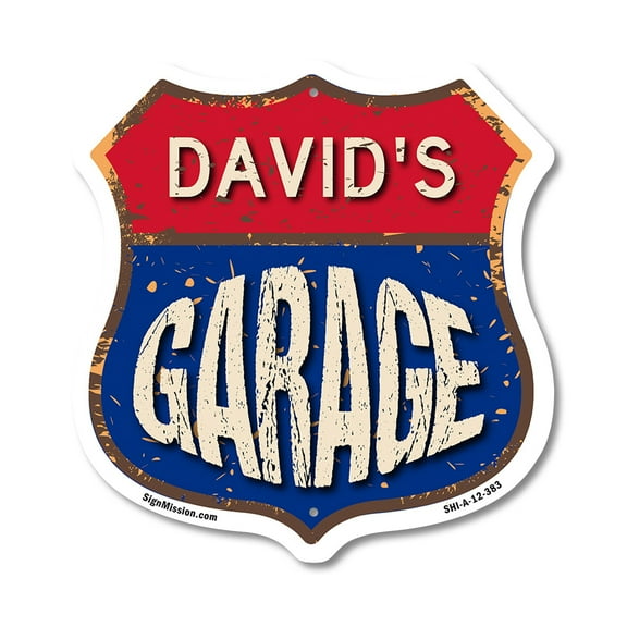 David's Garage 12 inch X 12 inch Shield-Shaped Rust-Free Aluminum Metal Sign Weather Resistant, UV Protected To last, Gift for Dads and Uncles Classic Americana Crafted in the USA