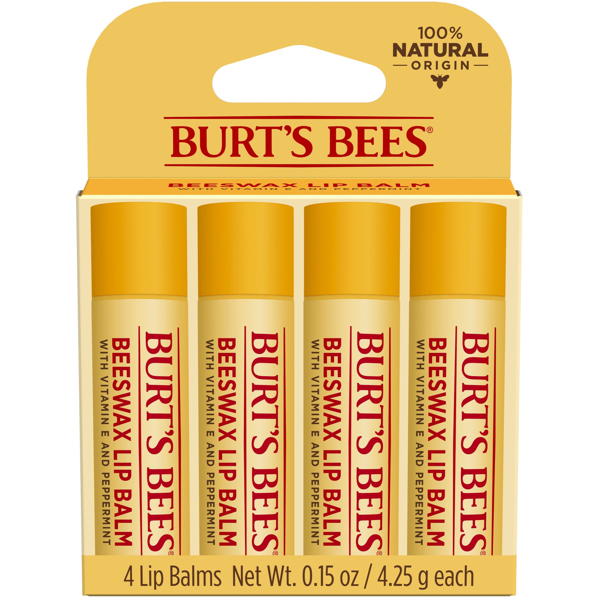 Burts Bees 100% Natural Origin Moisturizing Lip Balm, Original Beeswax, 4 Tube
