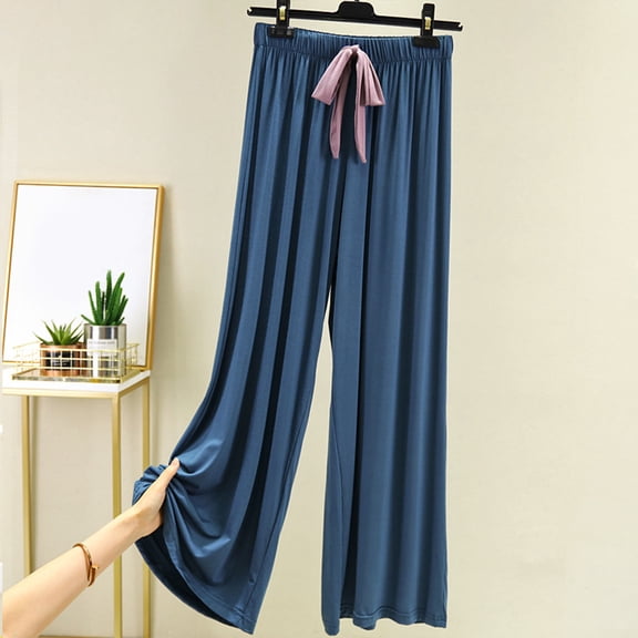 Uaswgudfs Women's Casual Tie Waist Loose Knit Pajama Lounge Pants Elastic Waistband Comfortable Sleepwear Trousers Blue L