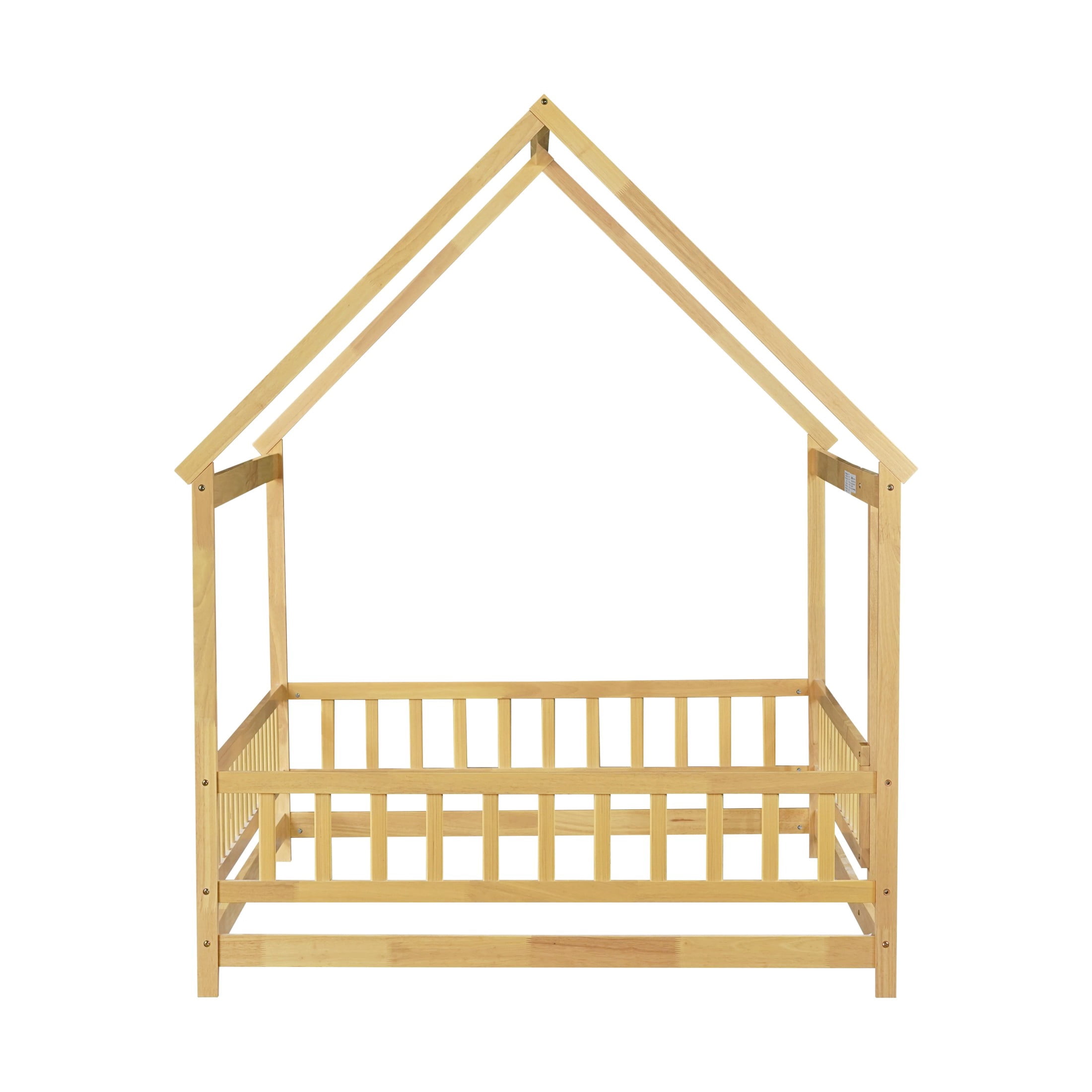 Noble House Travis Full House Floor Bed with Roof Frame and Safety Fence, Sturdy Wood Montessori Bed, Natural