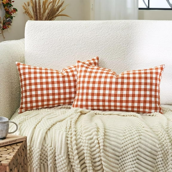 Gingham Checkered Orange Plaid Fall Pillow Covers, Autumn Decor Farmhouse Checkered Decorative Throw Pillow Covers 12 x 20, Fall Pillows for Couch Sofa (No Pillow Inserts)