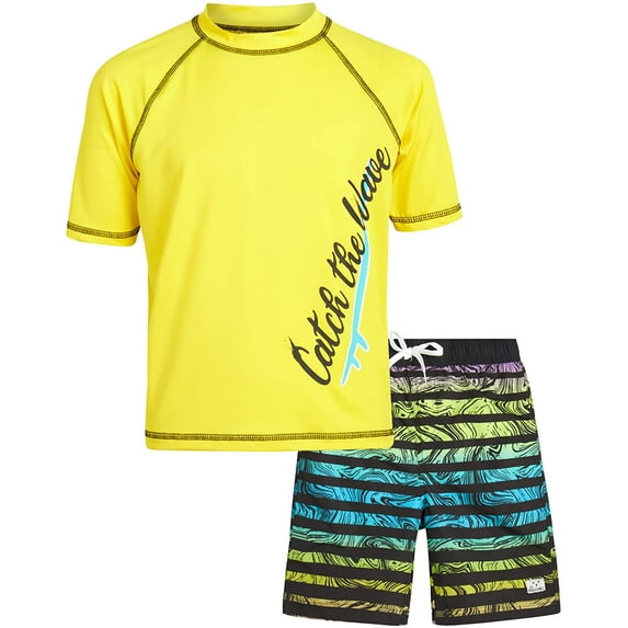 Big Chill Boys' Rash Guard Set - 2 Piece UPF 50+ Swim Trunks and Long Sleeve Swim Shirt (Little Kid/Big Kid)