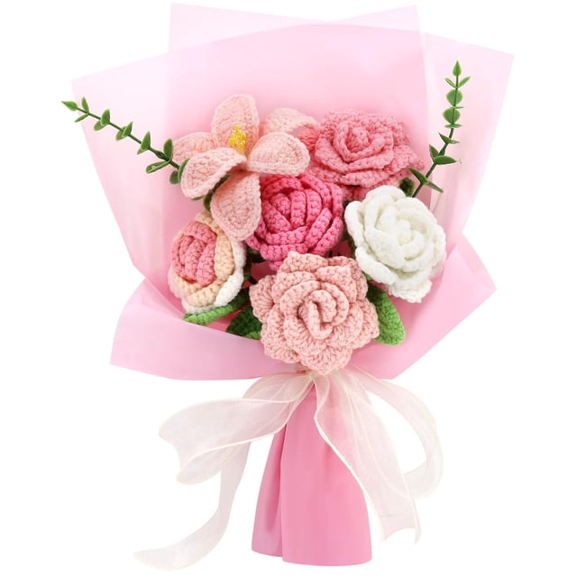 Ramo de flores de crochet hecho a mano Marvogo, regalo rosa