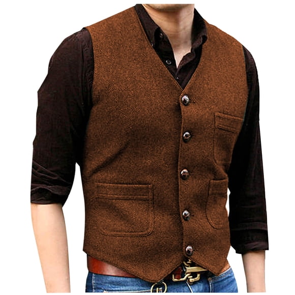 Men's Vintage Casual Vest With Belt Detail, Chest Pocket, Five Button Closure Lightweight Waistcoat For Layering, Tailored Fit