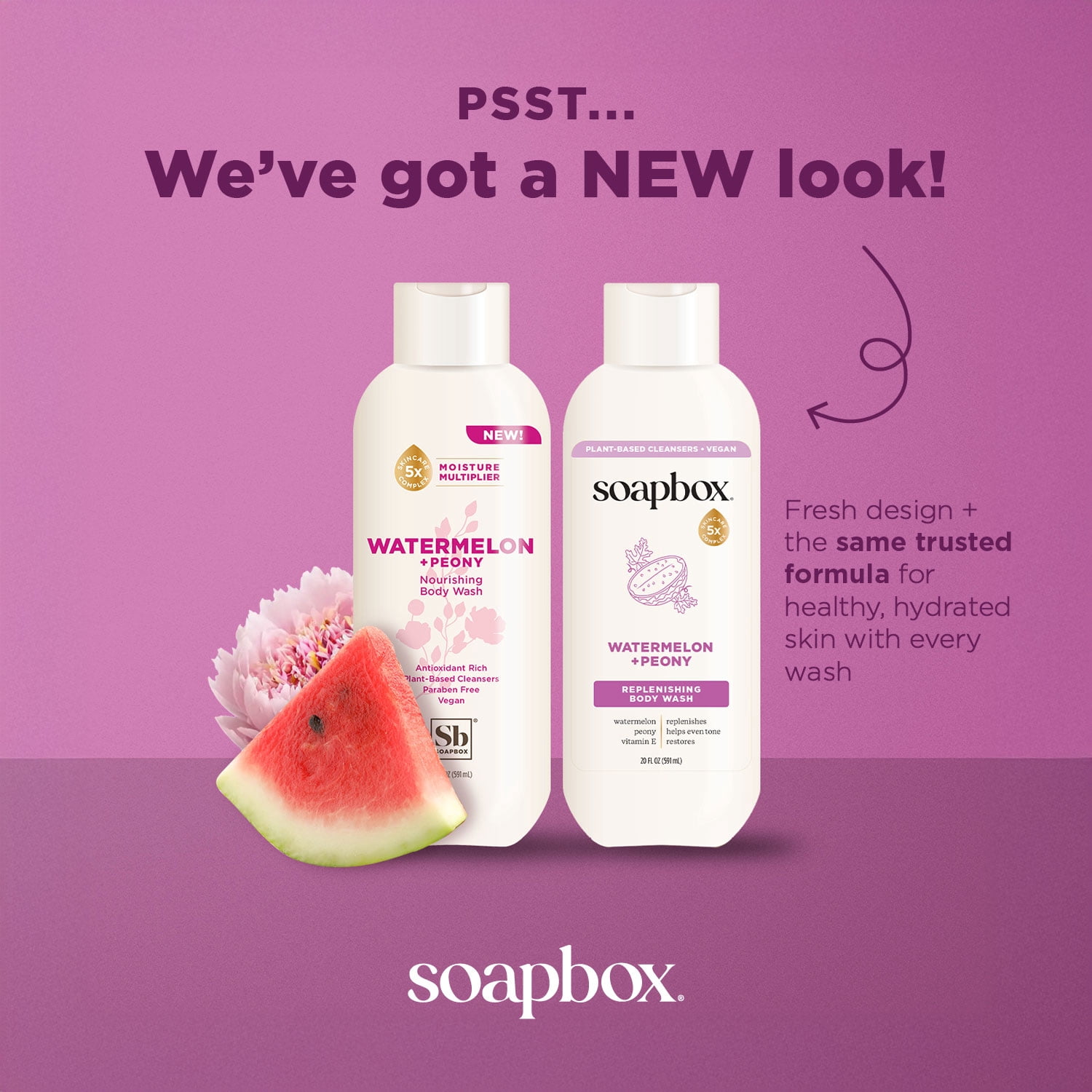 Soapbox Moisture Multiplying Body Wash for Women & Men, All Skin Types, Watermelon and Peony, 20 oz