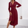 thumbnail image 6 of Guieoi Womens Dresses Long Sleeve Solid-Color High-Waisted Pleated V-Neck Dress Midi Dress Red XL, 6 of 8