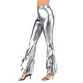 thumbnail image 2 of shqvo Womens Bell Bottom Metallic Pants Sparkly Sequins Pants Leather Shiny 122s Disco Flare Pants Rave Party Disco Dance Flare Club Wear Mardi Gras Outfit for Women, 2 of 7