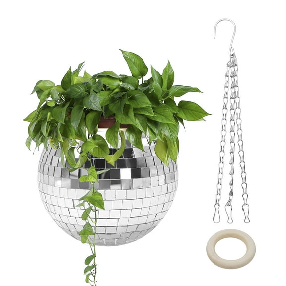 6" Silver Disco Ball Planter, Stylish Plant Hanger with Hook, Wooden Stand for Home Decor