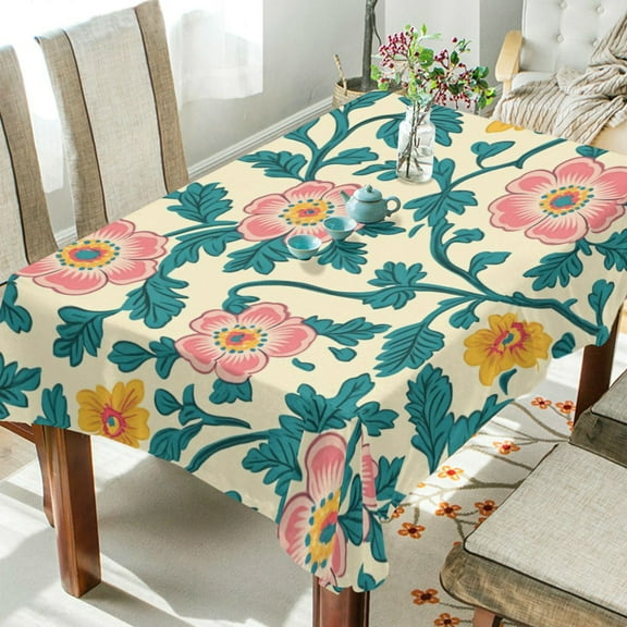 WOBOGO Pink and Turquoise Flowers Square Tablecloth 54×54in Polyester Fabric Tablecloth Washable Dust Resistant Wrinkle Resistant