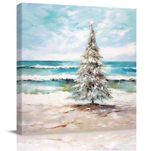 Watercolor Christmas Tree Beach Canvas Artwork Painting Art, Ocean Sea Wave Square Framed Wall Decorations Prints Picture for Bedroom Kitchen Living Room, 8x8 in