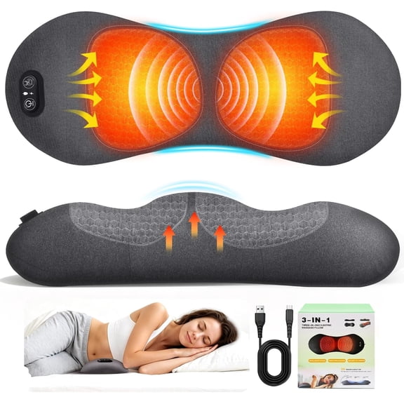 3-in-1 Lumbar Back Massager with Heat, Vibration & Traction, Electric Plush Support Pillow for Office Chair, Car Seat, Home – Deep Tissue Pain Relief for Sciatica, Tight Muscles