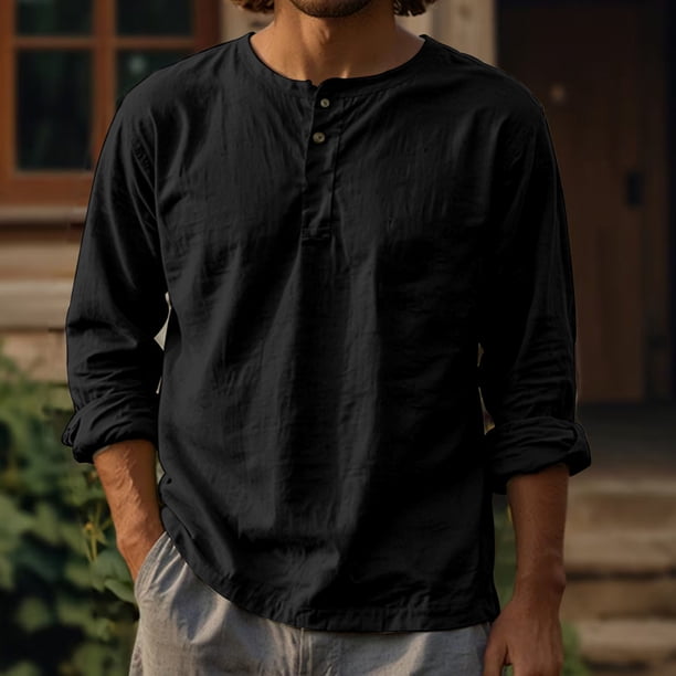 Ceisia Men's Cotton-Linen Henley Neck T-Shirt | Relaxed Long-Sleeve Solid Casual Top Gift