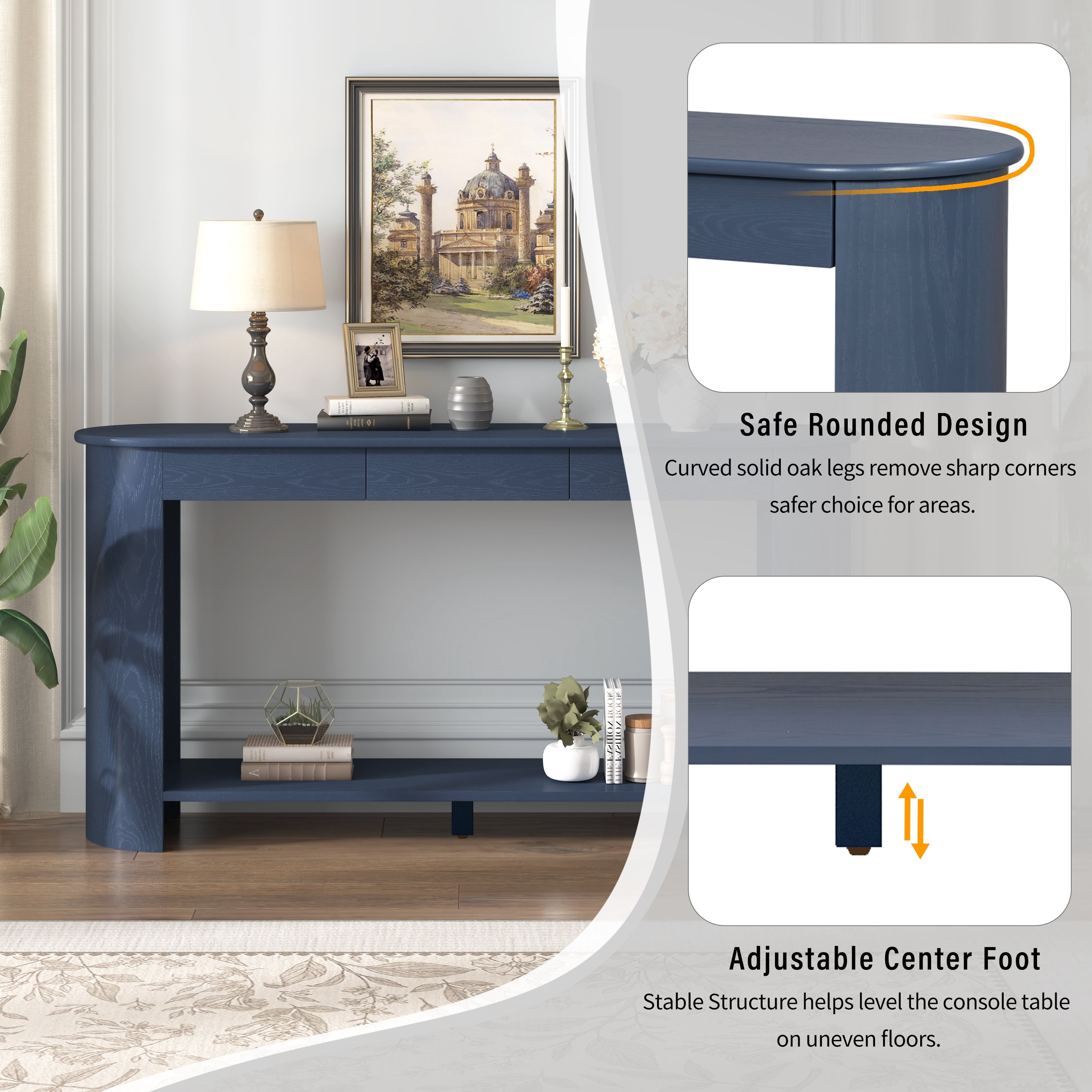 Euroco 59.8" Long Console Table with 3 Drawers, Solid Wood Sofa Table Entryway Table with Bottom Shelf for Living Room,Hallway,Entryway, Foyer,Navy Blue