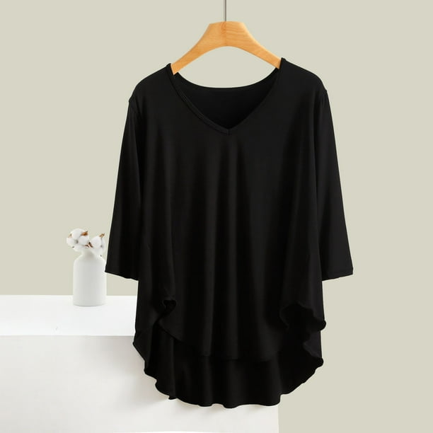 Blusa de pijama de manga larga para mujer, cuello en V, mangas 3/4, suelta, color liso, para estar en casa, blusa de pijama, blusa modal para mujer