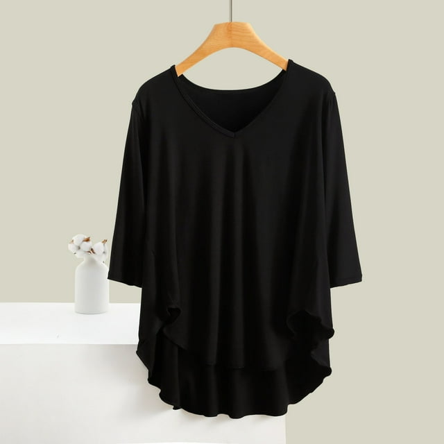 Blusa de pijama de manga larga para mujer, cuello en V, mangas 3/4, suelta, color liso, para estar en casa, blusa de pijama, blusa modal para mujer