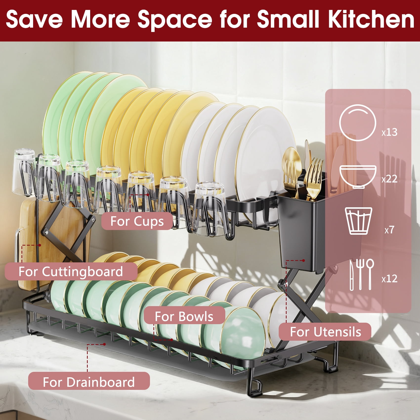 Glovv 2-Tier Collapsible Dish Drying Rack, Large Dish Racks for Kitchen Counter, Dish Drainer Sink Organizer with Utensil Holder for Dishes, Spoons and Forks, Black
