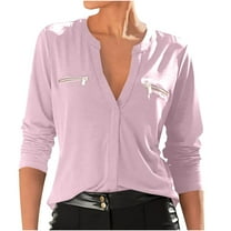 Tops for Women Casual V Neck Long Sleeve Shirts Outfits Clothes Stylish Fall Blouses with Zip up Pocket