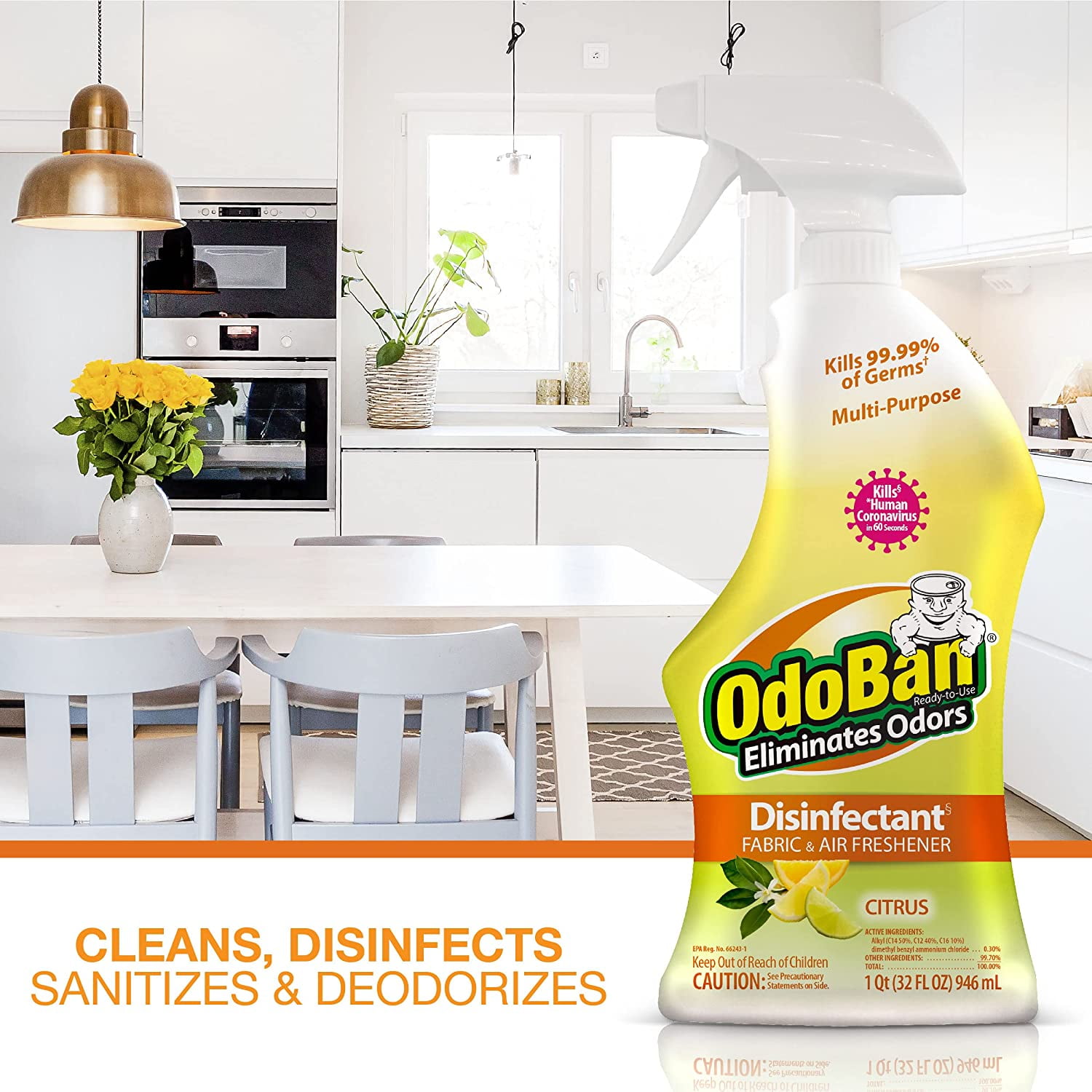 OdoBan Ready-to-Use Disinfectant and Odor Eliminator, 32 Ounce Spray Bottle, Citrus Scent