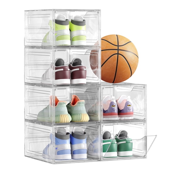 SONGMICS Shoe Boxes, Clear Shoe Organizers, Set of 6, Plastic Shoe Storage with Clear Door, Easy Assembly, up to US Size 13, Transparent White