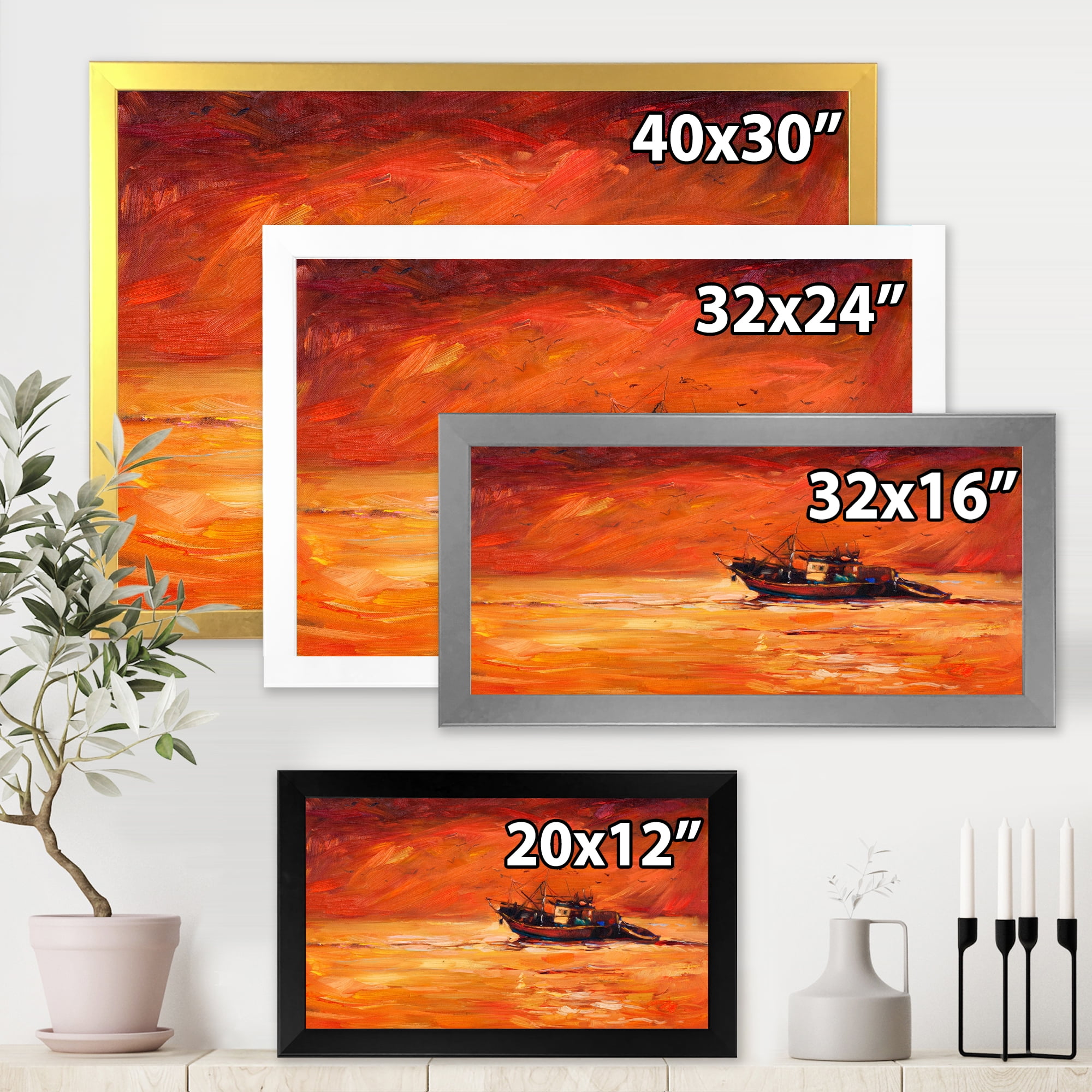 Fishing Boat During Red Evening Glow 32 in x 24 in Framed Painting Canvas Art Print, by Designart