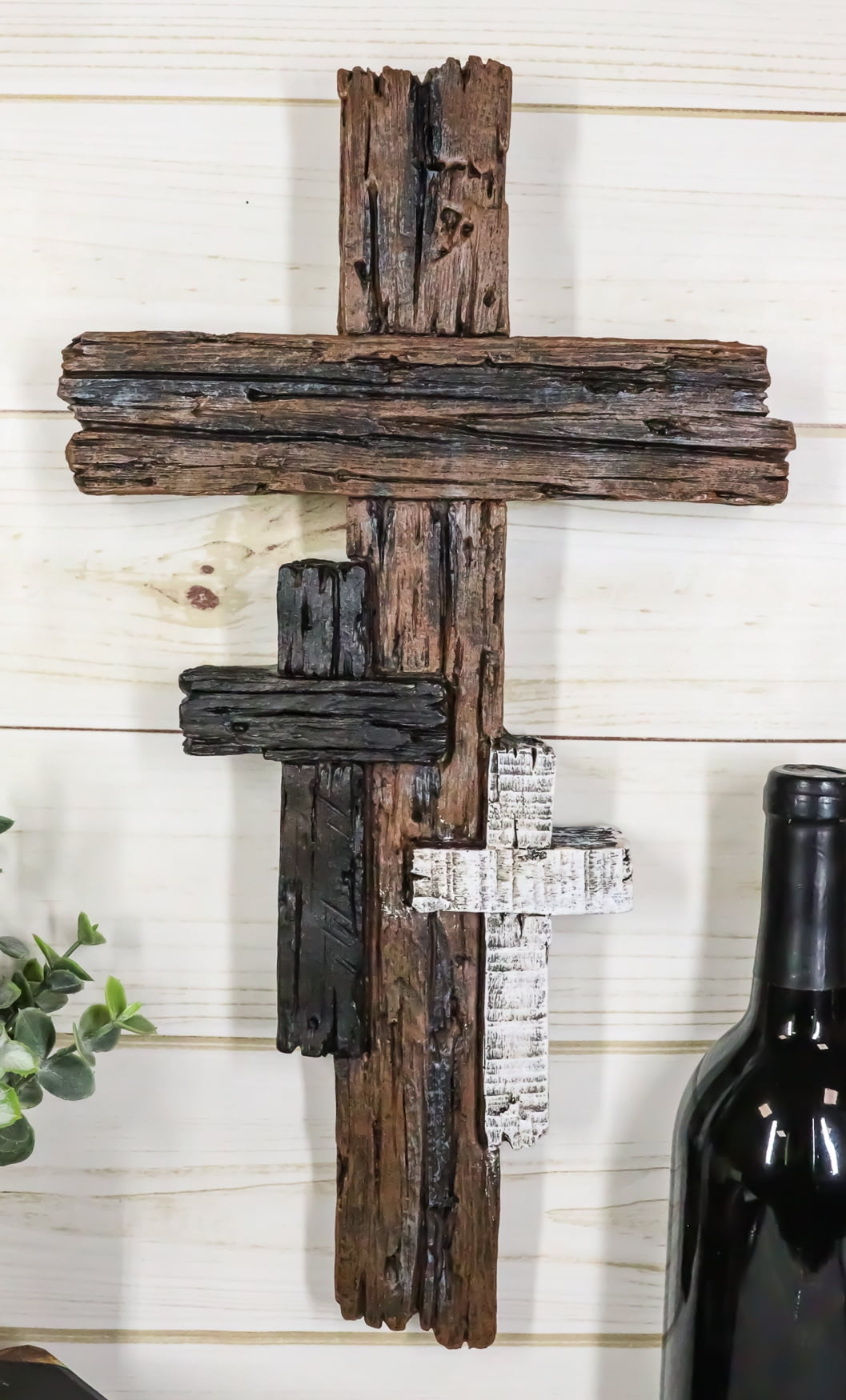 Ebros Rustic 3 Tone Faux Wood Walnut Birch Driftwood Color Wall Cross 16" Tall