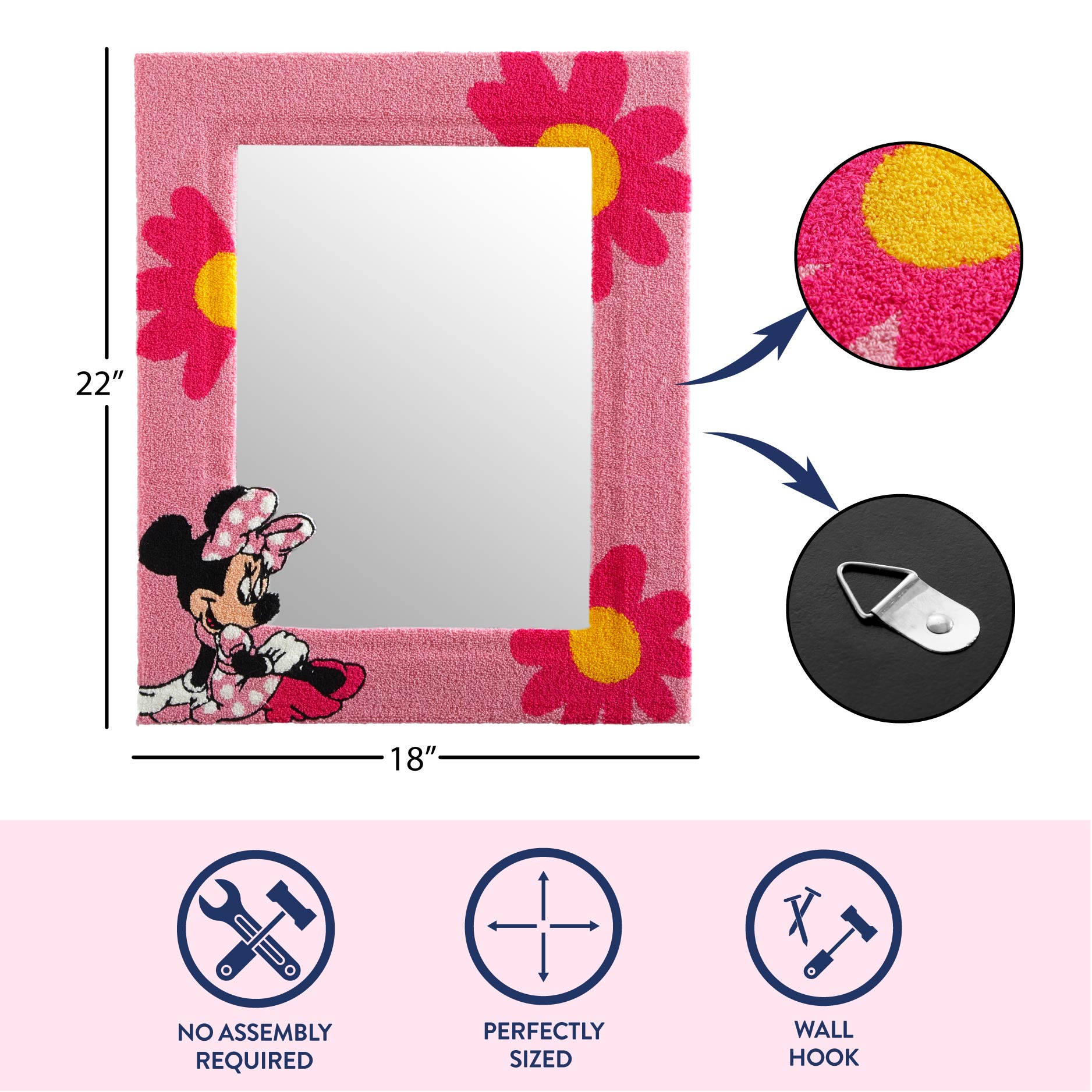 Disney Wall Mirror, Minnie Mouse Tufted Design, 18" x 22", for Kids and Teens