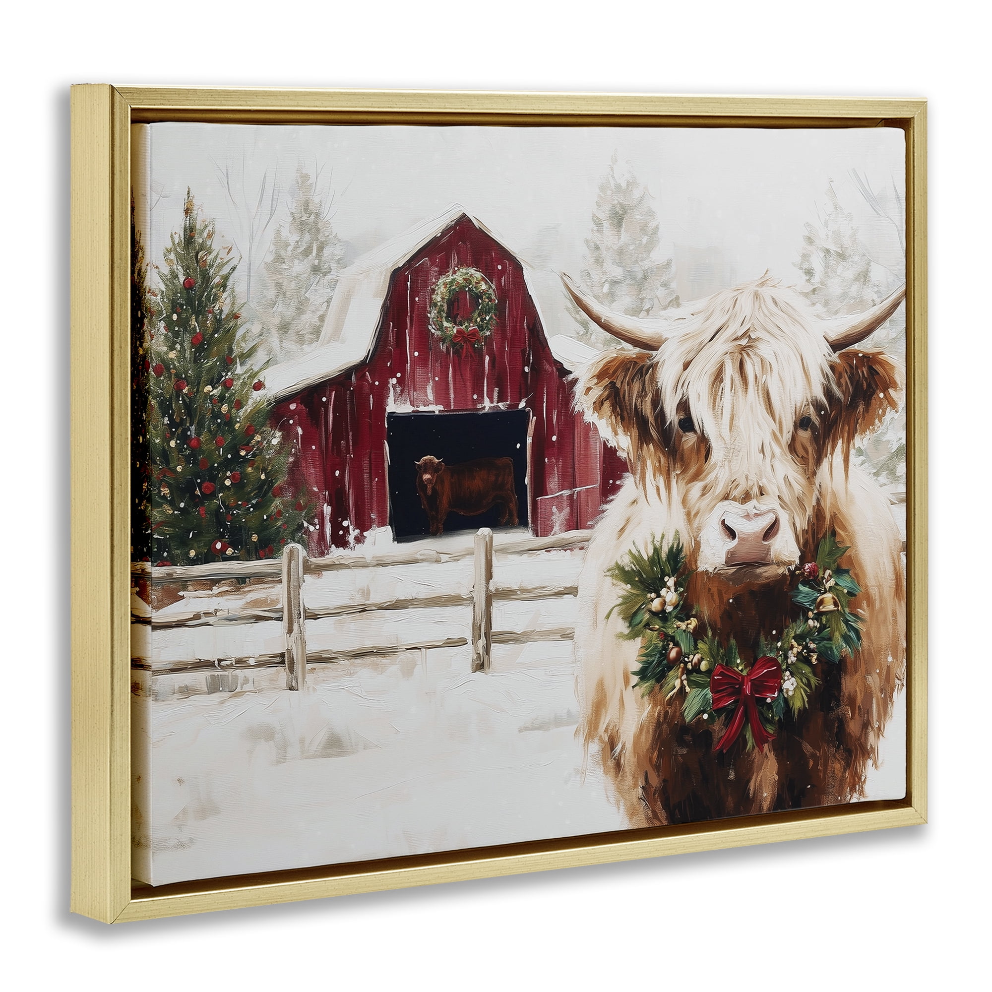 Stupell Industries Snowy Farm Scene Cattle Gold Framed Floater Canvas Wall Art, design by Acorn & Ivory Designs