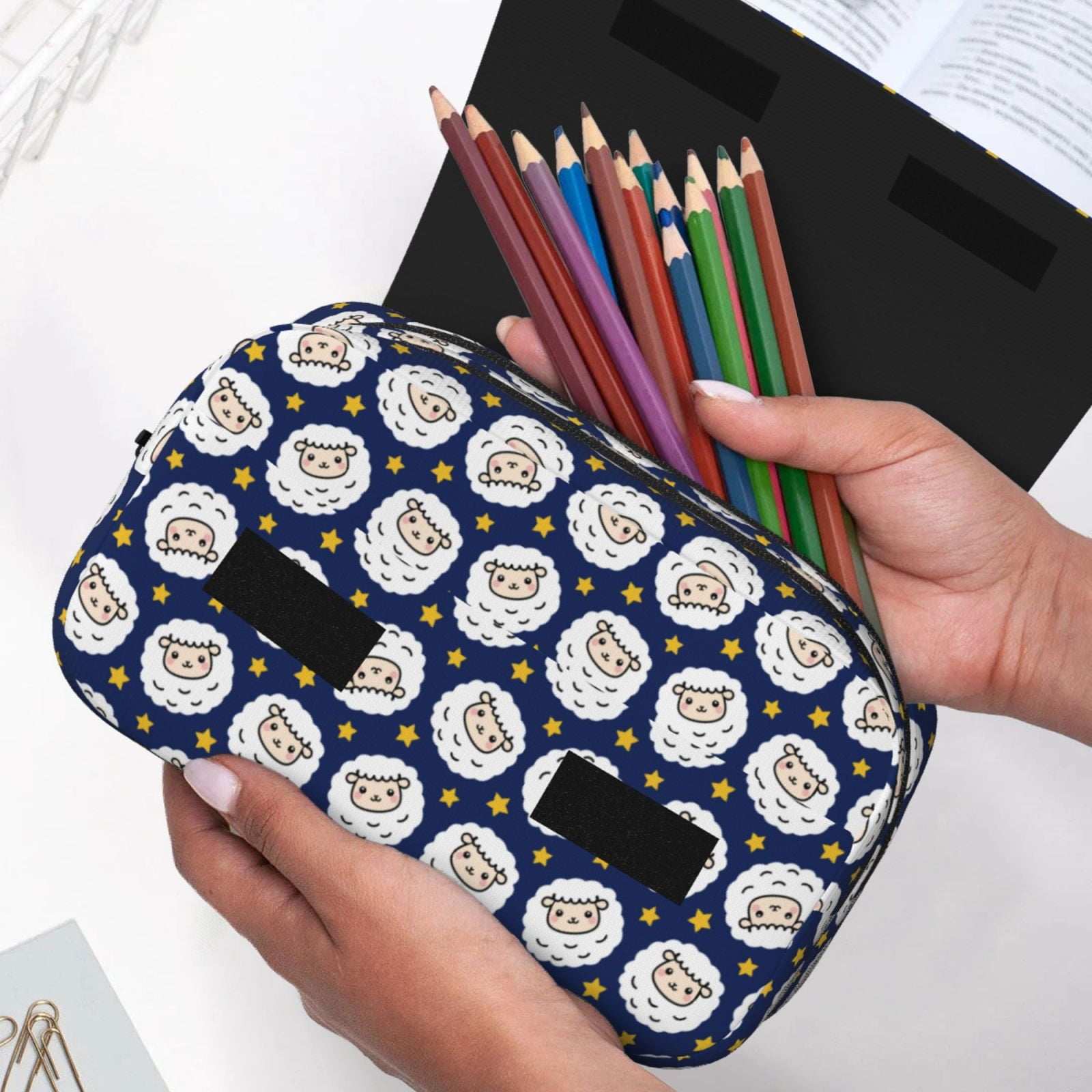 Rateoe Cute Sheep With Star Pattern Double Clamshell Pen Case, Storage Organizer with Two Zipper Compartments– Holds Up to 50 Pencils & Pens