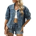 thumbnail image 2 of Chaqueta Vaquera Corta de 3/4 para Mujer, con Solapa y Botones, Estilo Camionero, Corta, Abrigos. Azul M, 2 of 10