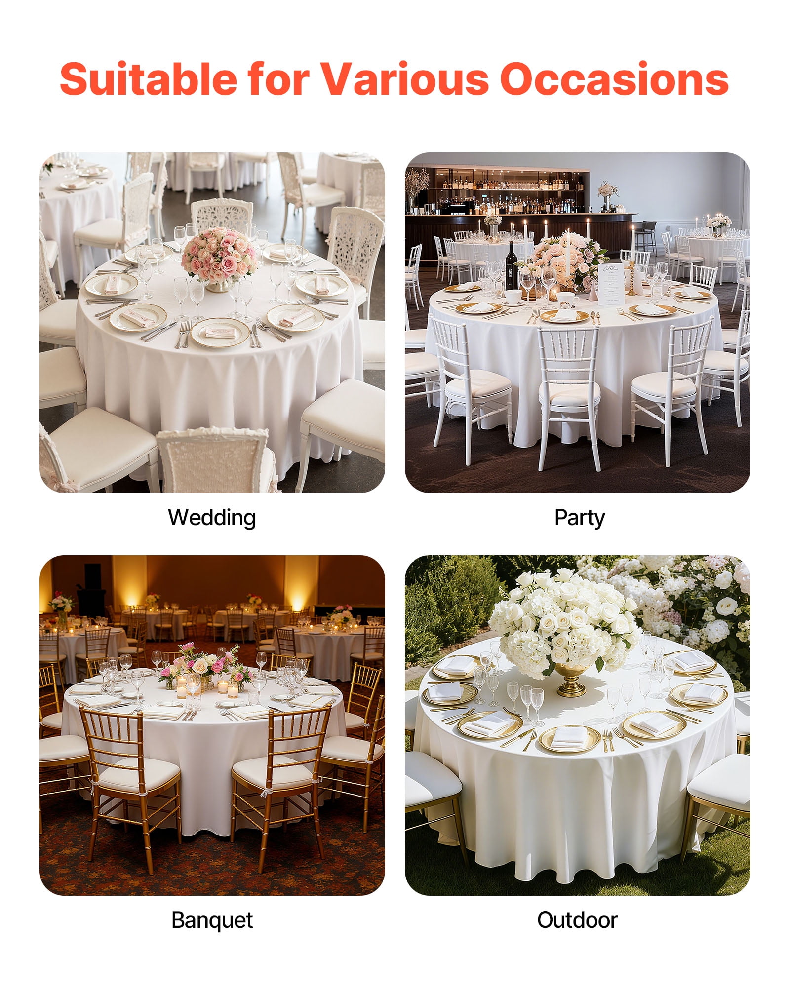 VEVOR White Round Tablecloths 6 Pack, 132 Inches in Diameter, Stain- & Wrinkle- Resistant, Machine Washable Table Clothes, Polyester Fabric Table Covers for Wedding, Party, Banquet, Formal Events