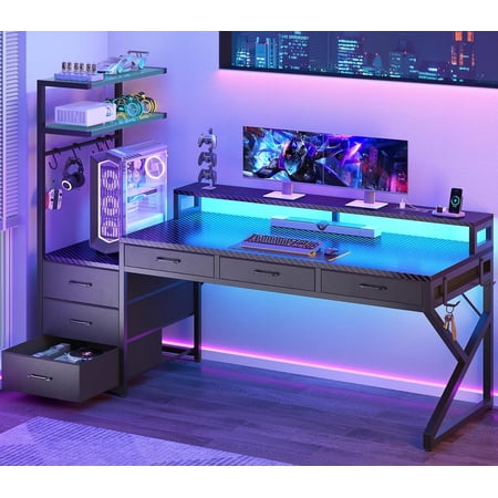 Modern 55 Gaming Desk with LED Lights and 6 Drawers Reversible Corner Computer Desk for Home Office