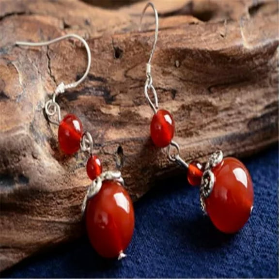 K-KED Natural 12mm Red Agate Earrings Dangle Tibet Silver Ms Gift Wedding Jewelry