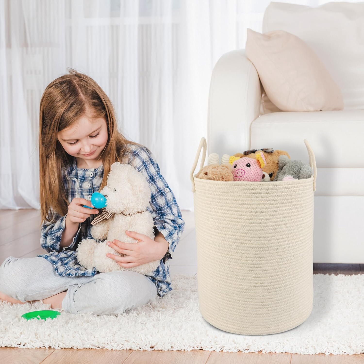 WarmHavenv Cotton Rope Laundry Basket Hamper for Clothes Woven Storage Basket for Living Room Bedroom Boho Tall Rope Baskets for Blanket Toys Pillow Towels Baby Nursery Hamper Bin beige